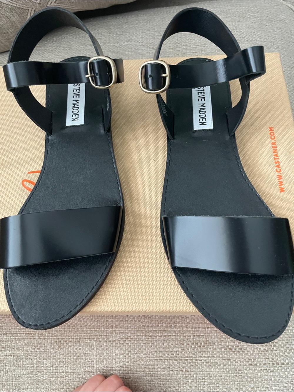 Steve Madden Black Leather Two-Strap Ankle Buckle Sandals